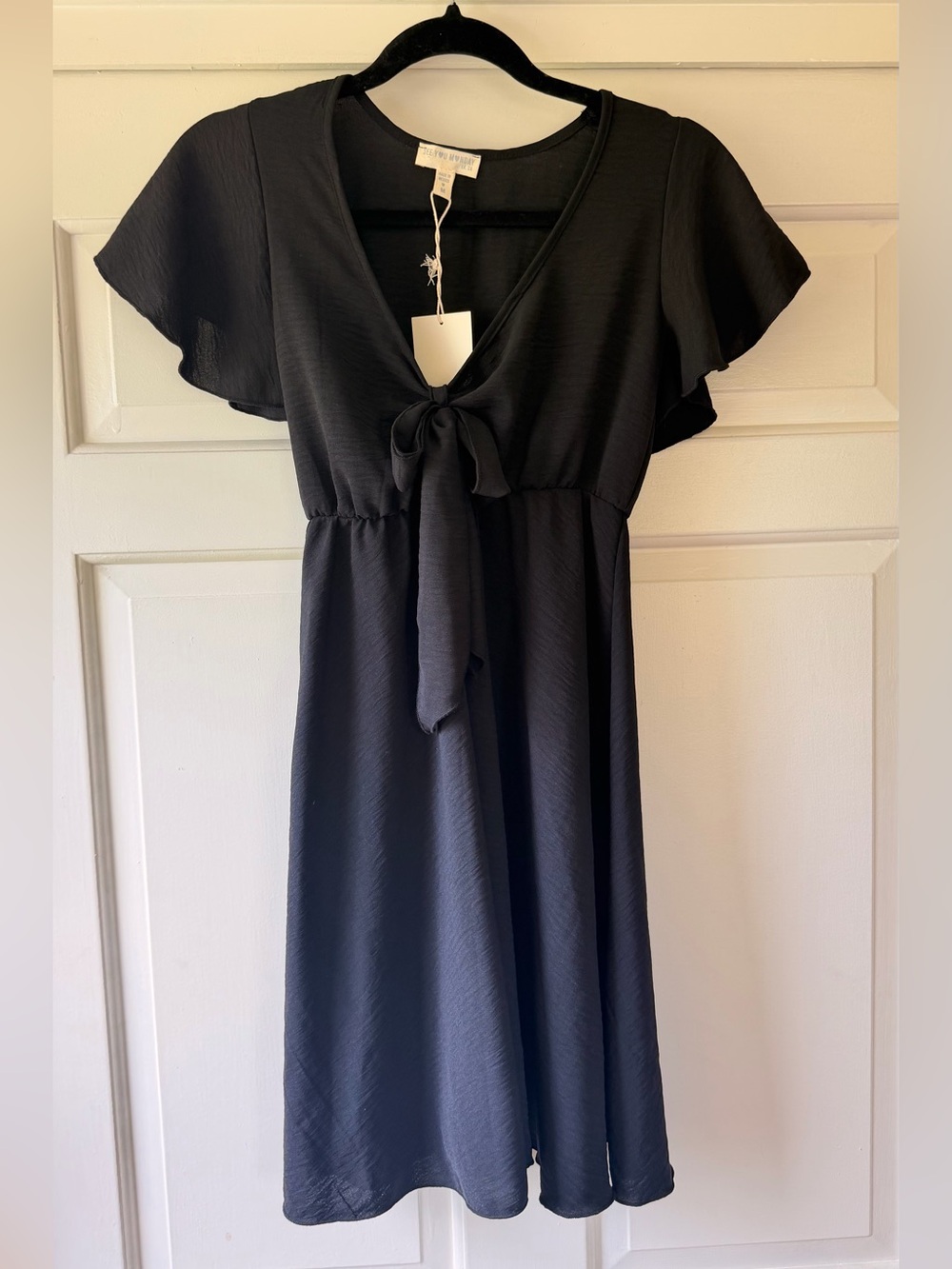 See You Monday Black Tie Front Mini Dress Medium Flutter Sleeve